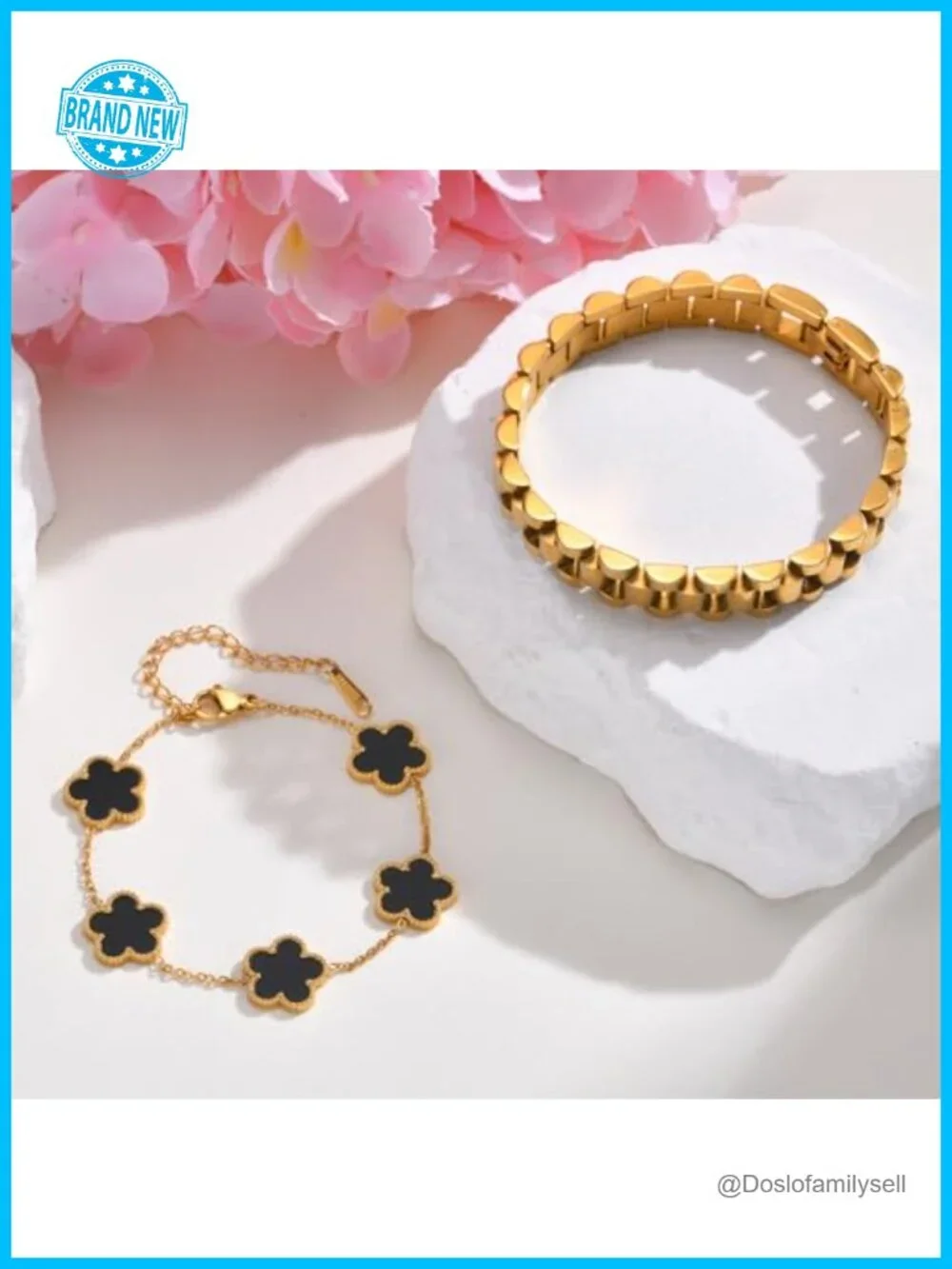 18K Gold Plated Floral Link Bracelet Set, 2pcs Stackable Chain Bracelets